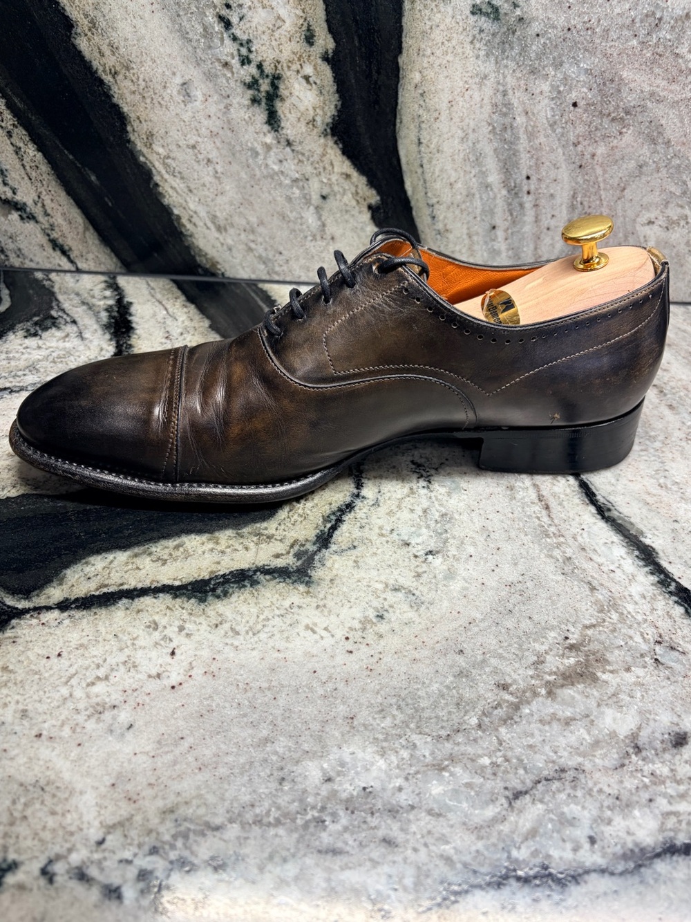 Santoni Fatte a Mano Museum Brown Cap Toe Oxford UK 9.5 US 10.5 Handmade - Picture 5 of 12